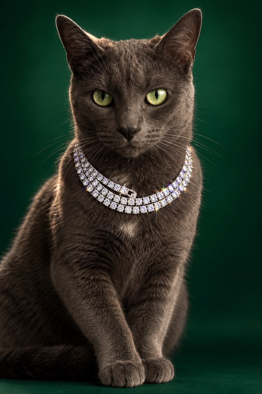 Gray cat with emerald eyes wearing a diamond necklace — AMOSS campaign